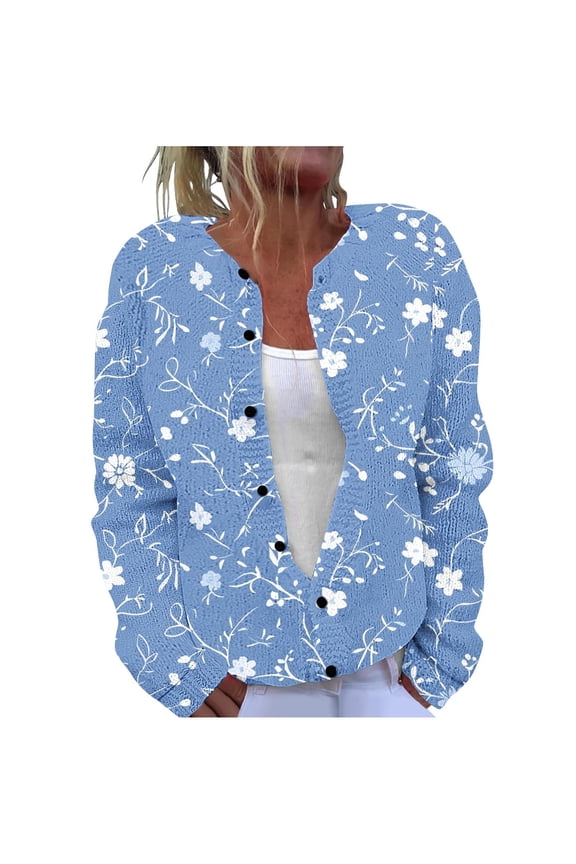 Button Down Cardigan Sweaters for Women Plus Size Ladies' Casual Printed Knitted Cardigan With Button Up Jacket And Top Light Blue XXXXL