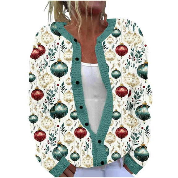 Idoravan Button Down Cardigan Sweaters for Women Plus Size Women's Casual Christmas Printed Knitted Cardigan Button Up Jacket Coat Multicolor XXXXL