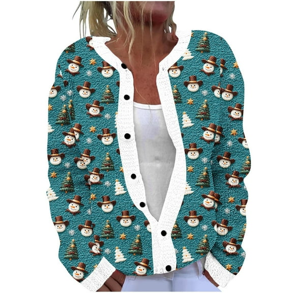 Idoravan Button Down Cardigan Sweaters for Women Plus Size Women's Casual Christmas Printed Knitted Cardigan Button Up Jacket Coat Multicolor XXXXL
