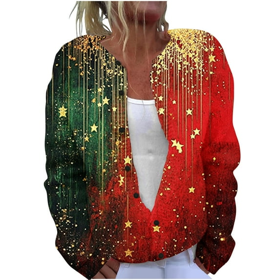 Idoravan Button Down Cardigan Sweaters for Women Plus Size Women's Christmas Printed Knitted Cardigan Button Coat Multicolor XXXXL