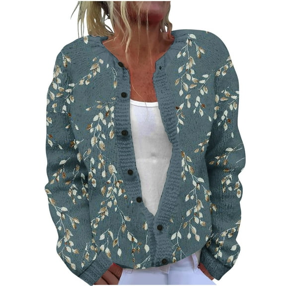 Idoravan Button Up Cardigans for Women Trendy Fall Ladies' Casual Floral Printed Knitted Cardigan With Button Up Jacket And Top Multicolor XXXL