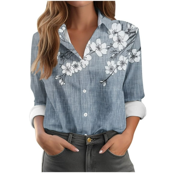 Idoravan Button up Shirts for Women Women's Long Sleeve Regular Casual Womenss Vintage Floral T Shirt Floral Printed Lapel Button up Shirt