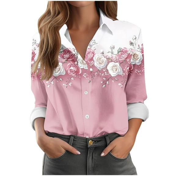 Idoravan Button up Shirts for Women Women's Long Sleeved Regular Casual Womenss Vintage Floral T Shirt Floral Printed Lapel Button Up Shirt