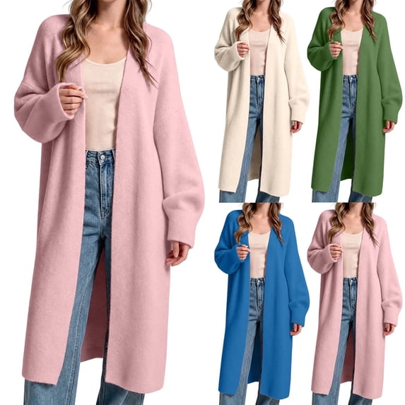 Idoravan Cardigan Sweaters for Women Long Length Open Front Women Long Sleeve Solid Color V Neck Knit Cardigan Top