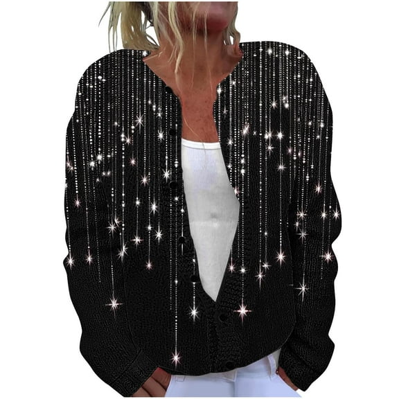 Idoravan Cardigan Sweaters for Women with Buttons Women's Casual Printed Knitted Cardigan Button Coat Black XL