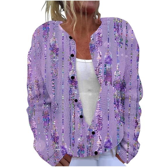 Idoravan Cardigan Sweaters for Women with Buttons Women's Casual Printed Knitted Cardigan Button Coat Purple XL