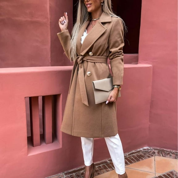 Idoravan Cardigans for Women Spring Women Casual Tops Jacket Long Sleeve Suit Collar Waist Strap Solid Cardigan Buttons Double Breasted Woolen Coat Windbreaker