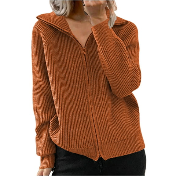 Idoravan Cardigans for Women Spring Women's New Autumn/winter Striped Thread Casual Coat Loose Knit Zipper Cardigan Long Sleeve Lapel Cardigan Tops