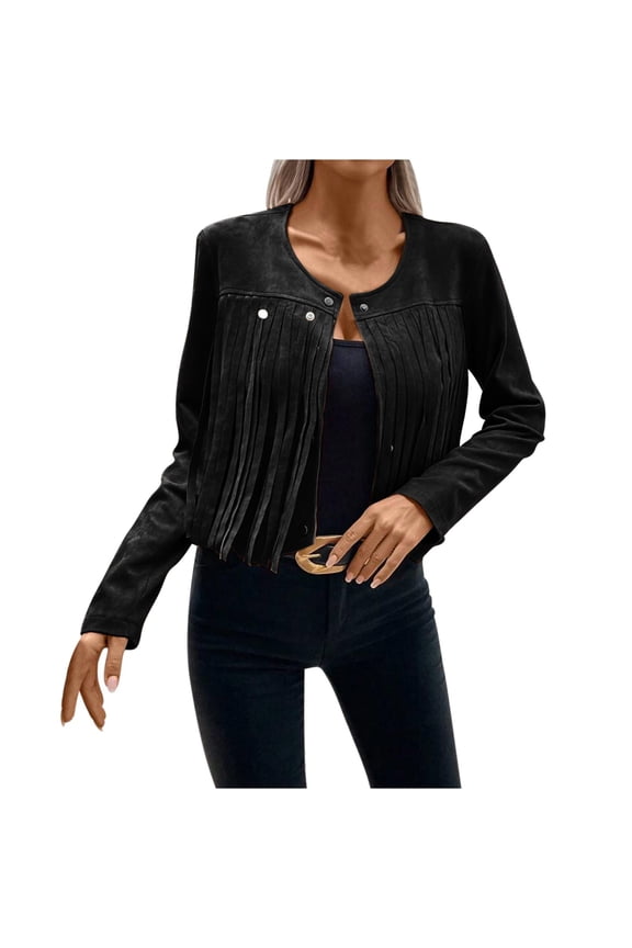 Cardigans for Women Clearance Spring Women's Temperament Leather Velvet Tassel Trim Button Placket Jacket Solid Color Long Sleeved Tassel Jacket Cardigan