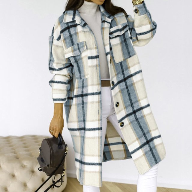 Idoravan Cardigans for Women Clearance Spring Womens Plaid Long Wool Blend Coat Shacket Jackets Long Sleeve Button Down Casual Boyfriend Flannel Shirts