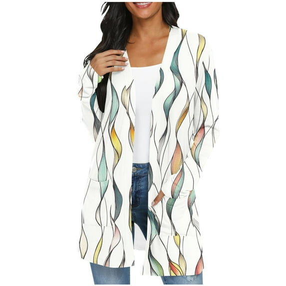 Idoravan Cardigans for Women with Pockets Spring Women's Jacket Daily Holiday Workout Crop Cardigan Open Frant Coat Casual Long Sleeve Floral Print Top White XL
