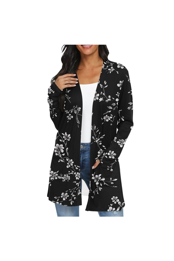 Cardigans for Women Trendy Spring Women's Jacket Daily Holiday Workout Crop Cardigan Open Stitch Coat Casual Long Sleeve Floral Print Top Black S