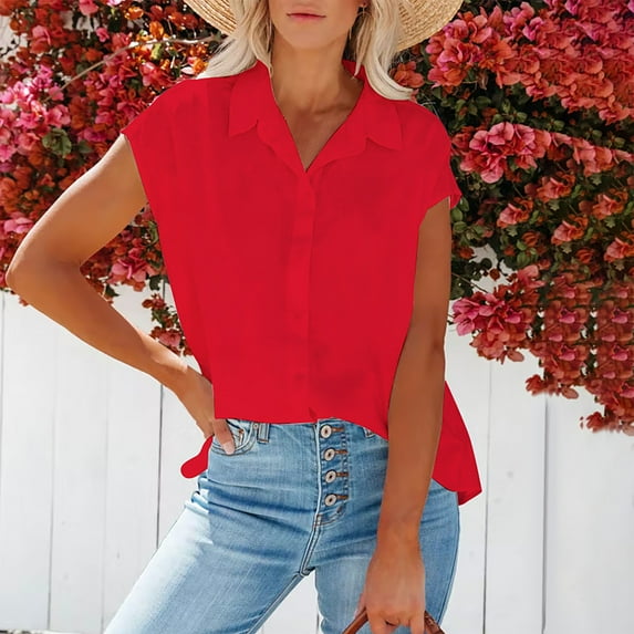 Idoravan Cardigans for Women Spring Women Casual Solid Short Sleeve Turn-down Collar Cardigan Buttons Blouse Tops