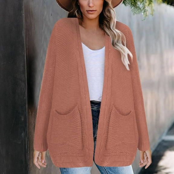 Idoravan Cardigans for Women Spring Women Fashion Casual Knitted Pocket Sweater Solid Color Long Sleeve Cardigan Tops