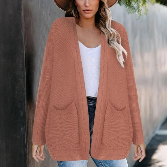 Idoravan Cardigans for Women Spring Women Fashion Casual Knitted Pocket Sweater Solid Color Long Sleeve Cardigan Tops