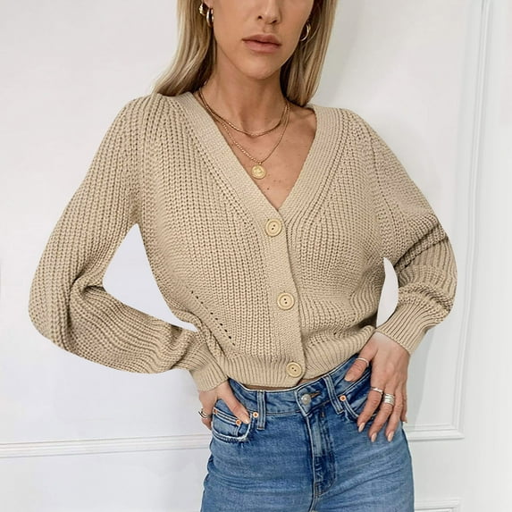 Idoravan Cardigans for Women Spring Women Loose Solid Color Soli V-Neck Lantern Sleeve Button Knit Cardigan Top