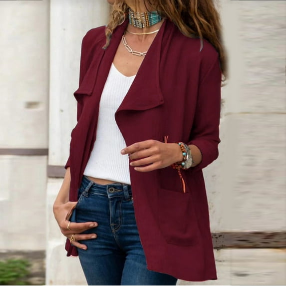 Idoravan Cardigans for Women Clearance Spring Women Solid Color Casual Long Sleeve Pocket Mid-Length Cardigan Tops Blouse Coat