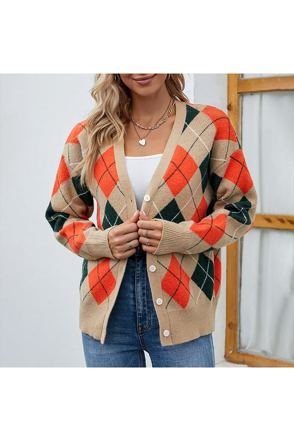 Cardigans for Women Spring Women's Diamond Check Colorblock Knit Button Long Sleeves Cardigan Jacket Sweater Top