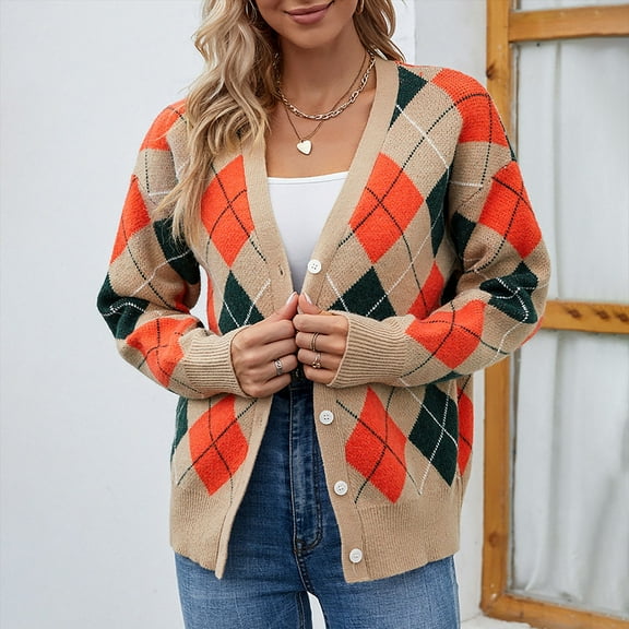 Idoravan Cardigans for Women Spring Women's Diamond Check Colorblock Knit Button Long Sleeves Cardigan Jacket Sweater Top