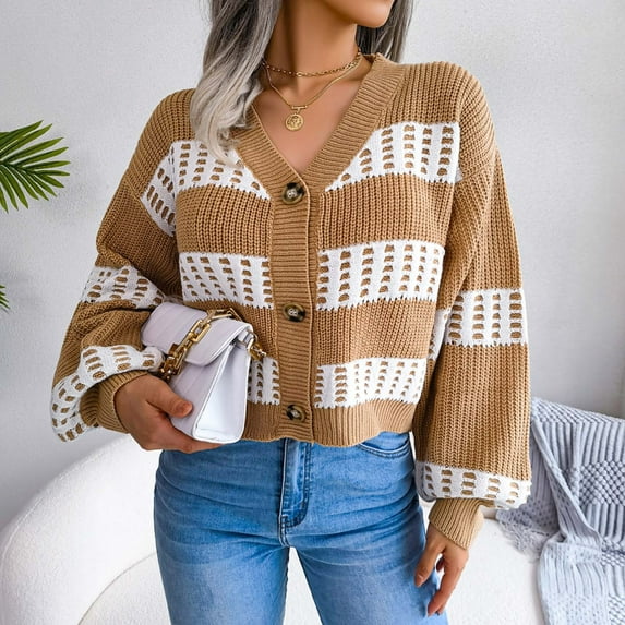 Idoravan Cardigans for Women Spring Women's Fashion Autumn Winter Stripes Lantern Sleeve Long Sleeve Cardigan Sweater Coat Tops
