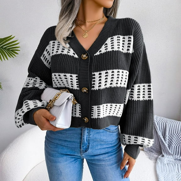 Idoravan Cardigans for Women Spring Women's Fashion Autumn Winter Stripes Lantern Sleeve Long Sleeve Cardigan Sweater Coat Tops