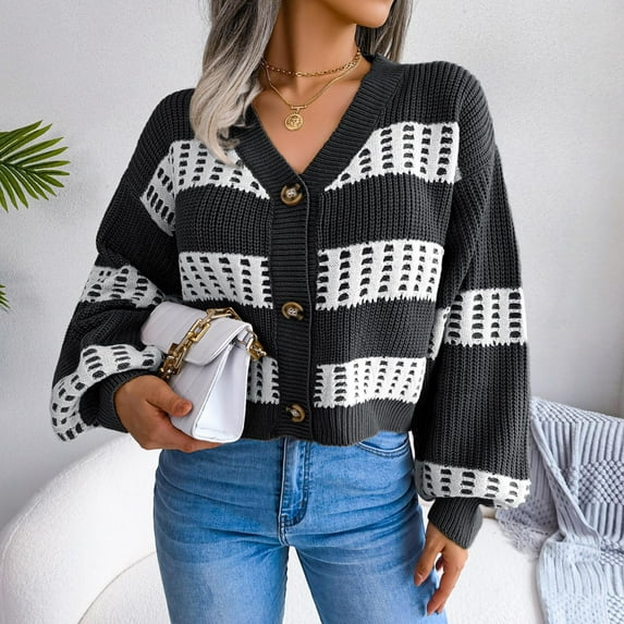 Idoravan Cardigans for Women Spring Women's Fashion Autumn Winter Stripes Lantern Sleeve Long Sleeve Cardigan Sweater Coat Tops