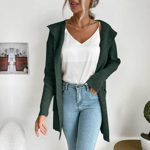 Idoravan Cardigans for Women Spring Women's Fashion Strip Knit Hooded Sweater Cardigan Jacket