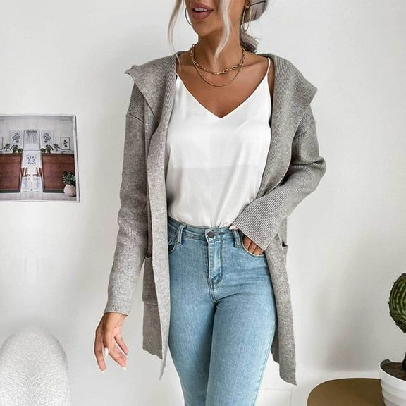 Idoravan Cardigans for Women Spring Women's Fashion Strip Knit Hooded Sweater Cardigan Jacket