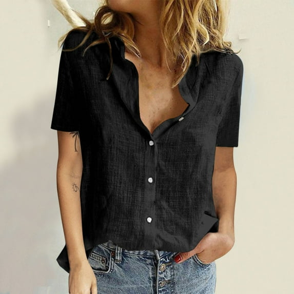 Idoravan Cardigans for Women Spring Women's Fashion Summer Button Solid Color Short Sleeve Shirt Top Cardigan