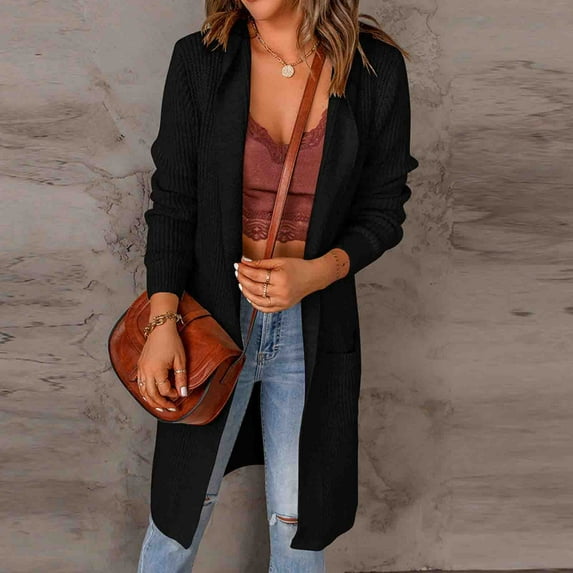 Idoravan Cardigans for Women Clearance Spring Women's Fashion Top Cardigan Pocket Medium And Long Term Outwear Long Sleeve Coat