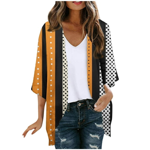 Idoravan Cardigans for Women Spring Women's Floral Print Puff Sleeve Kimono Cardigan Loose Chiffon Cover Up Casual Blouse Tops