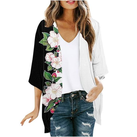 Idoravan Cardigans for Women Spring Women's Floral Print Puff Sleeve Kimono Cardigan Loose Chiffon Cover Up Casual Blouse Tops