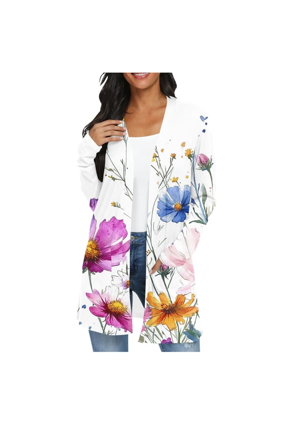 Cardigans for Women Spring Women's Jacket Daily Holiday Workout Crop Cardigan Open Frant Coat Casual Long Sleeve Floral Print Top