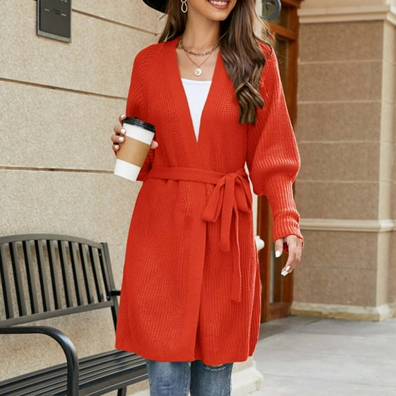 Idoravan Cardigans for Women Spring Women's Solid Color Cardigan Bandage Recreational Long Sleeve Tops