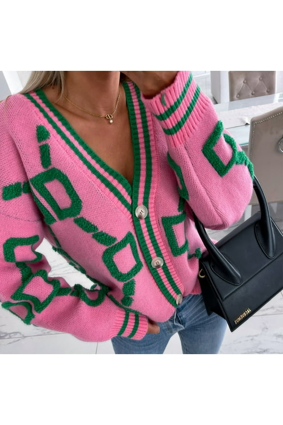 Cardigans for Women Spring Women's V-Neck Sweater Cardigan Loose Letter Pattern Long Sleeve Sweater Tops