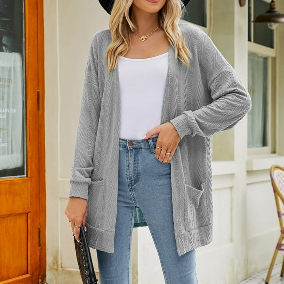 Idoravan Cardigans for Women Spring Womens Fashion Pocket Solid Color Long Sleeves Knit Cardigan Loose Tops Blouse Sweater