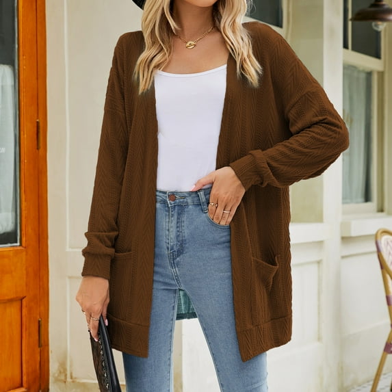 Idoravan Cardigans for Women Spring Womens Fashion Pocket Solid Color Long Sleeves Knit Cardigan Loose Tops Blouse Sweater