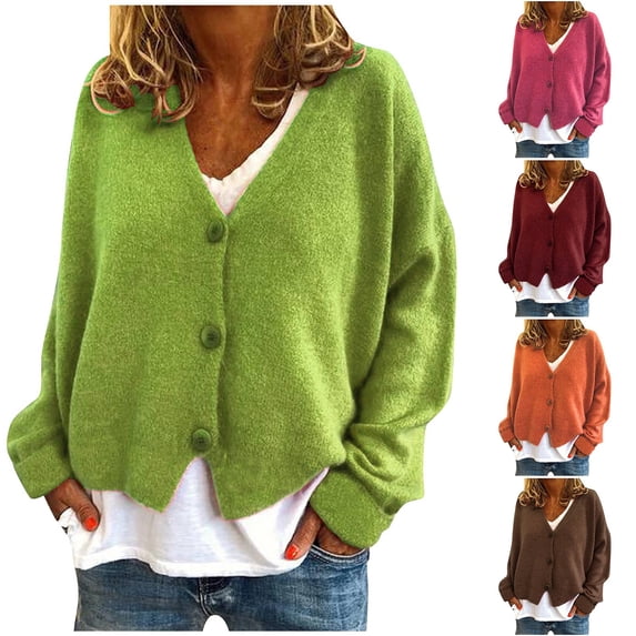 Idoravan Cardigans for Women Plus Sizes Women's Button Solid Knit Sweater Cardigan Long Sleeved Jacket Coffee