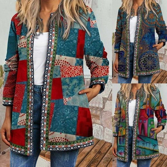 Idoravan Cardigans for Women Plus Sizes Clearance Women's Ethnic Jacket Sleeve Cardigan Vintage Print Lightweight Coat Tops Red