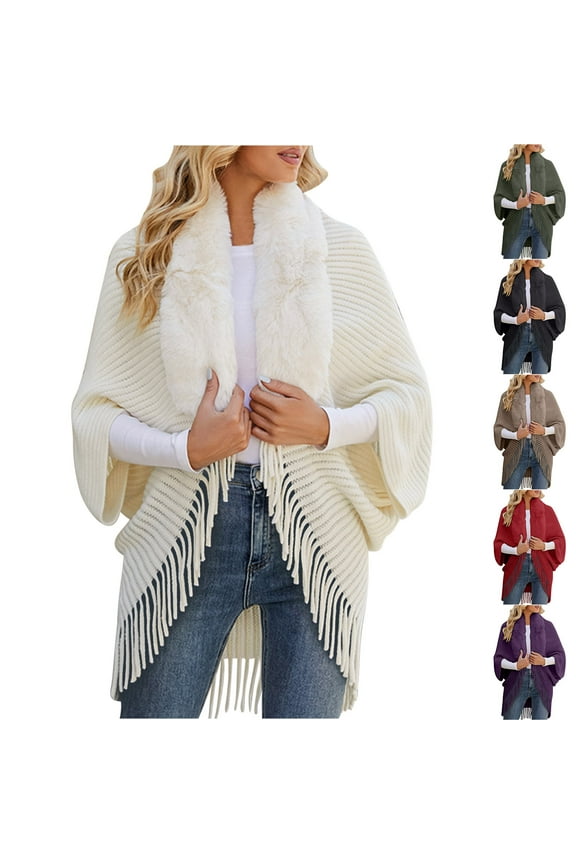 Cardigans for Women Plus Sizes Women's Knitted Cape Coat with Collar Fringe Shawl Khaki