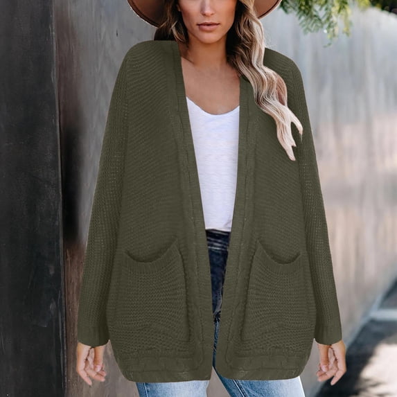 Idoravan Cardigans for Women Spring Women Fashion Casual Knitted Pocket Sweater Solid Color Long Sleeve Cardigan Tops