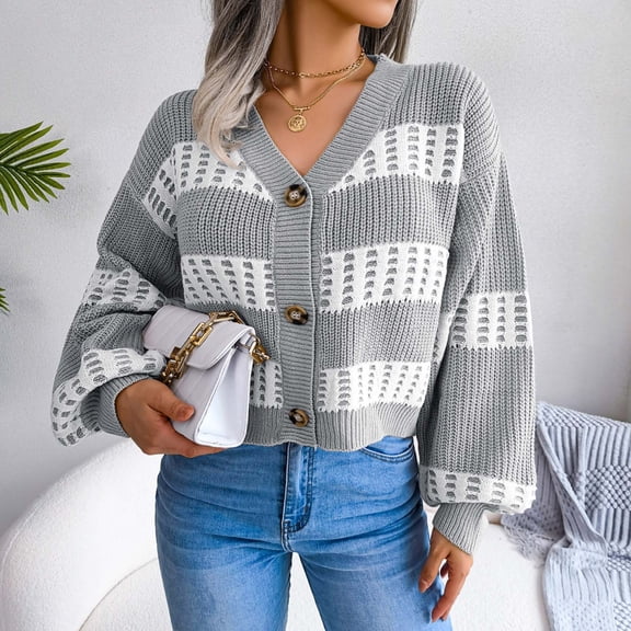 Idoravan Cardigans for Women Spring Women's Fashion Autumn Winter Stripes Lantern Sleeve Long Sleeve Cardigan Sweater Coat Tops