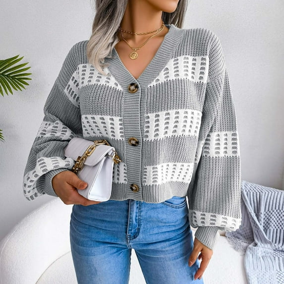 Idoravan Cardigans for Women Spring Women's Fashion Autumn Winter Stripes Lantern Sleeve Long Sleeve Cardigan Sweater Coat Tops