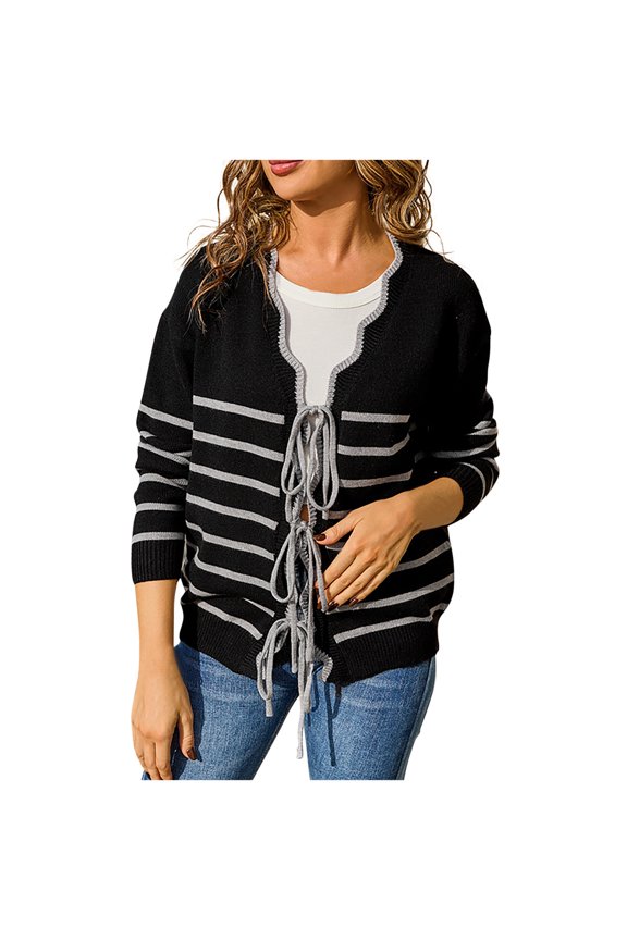 Cardigans for Women Trendy Women Striped Patchwork Knitted Sweater with Long Sleeved Sweater Cardigan Jacket Top