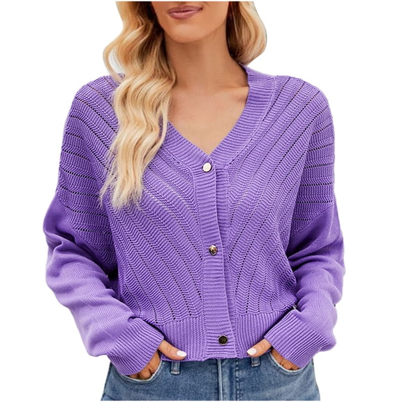 Idoravan Cardigans for Women Trendy Women's Color Hollowed Out Knitted Cardigan Loose V-neck Long Sleeved Cardigan Tops