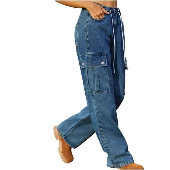 Idoravan Cargo Jeans for Women on Fashion Women's Drawstring Pocket Button Mid Waist Tight Pants