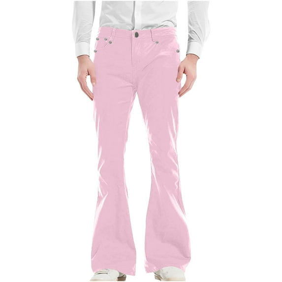 Idoravan Cargo Pants for Men Clearance Men Casual Pockets Zipper Button Vintage Pants Bell-bottoms Trousers Pink M