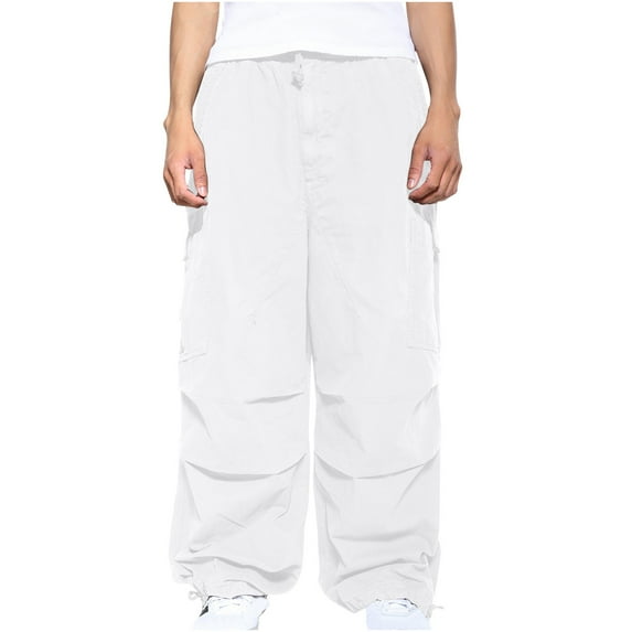 Idoravan Cargo Pants for Men Clearance Men's Cargo Pants Solid Color Straight Leg Pants Outdoor Street Casual Sports Overalls Pants White L