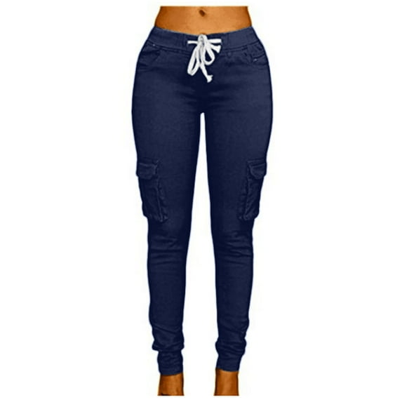 Idoravan Cargo Pants for Women Women's Slim Fitting Color Perforated Pencil Pants Leggings Casual Pants Navy XL