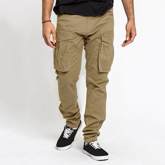 Idoravan Casual Pants for Men Clearance Casual Men's Wide Leg Pants Cargo Pocket Lace-up Casual Sweatpants Full Length Pants Khaki XL